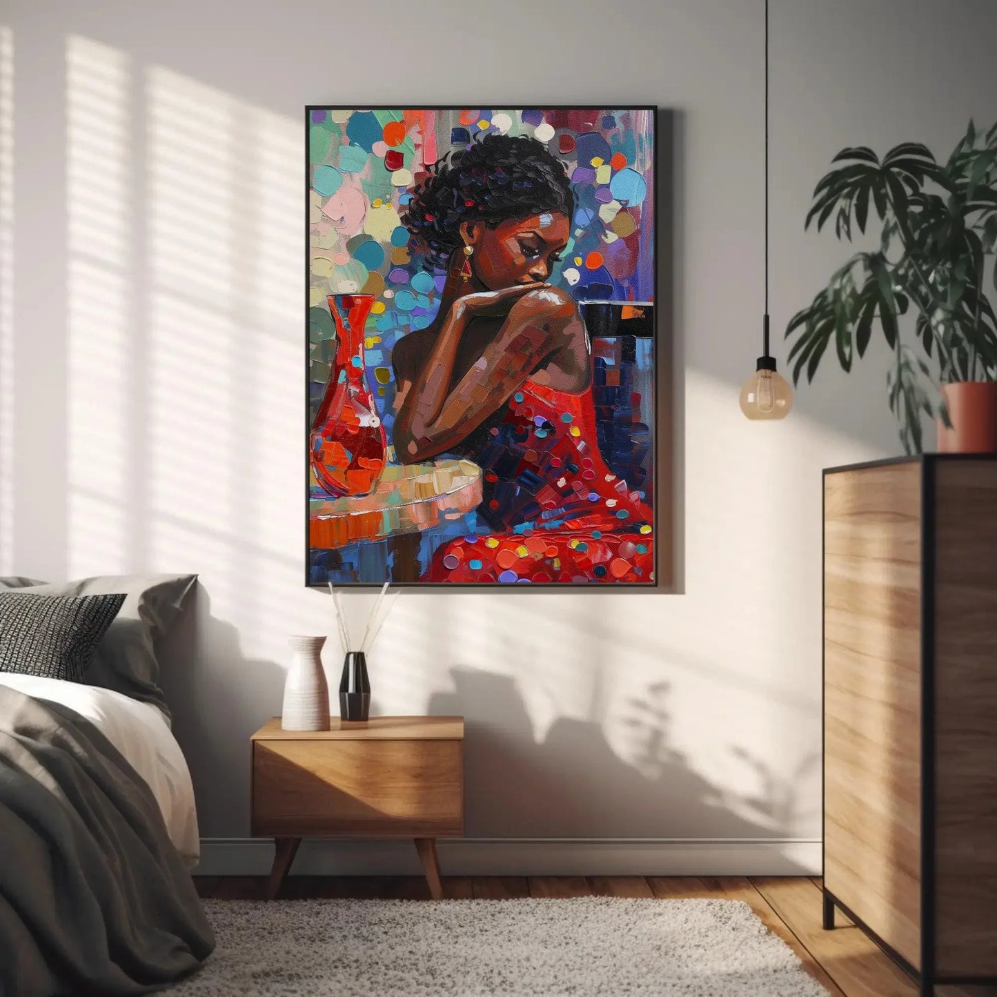 African Girl Abstract Colorful Oil Painting Extra-Large Canvas Print Classy Black Woman in Red Dress African American Art Gift for Her Wall Art – Canvas Print