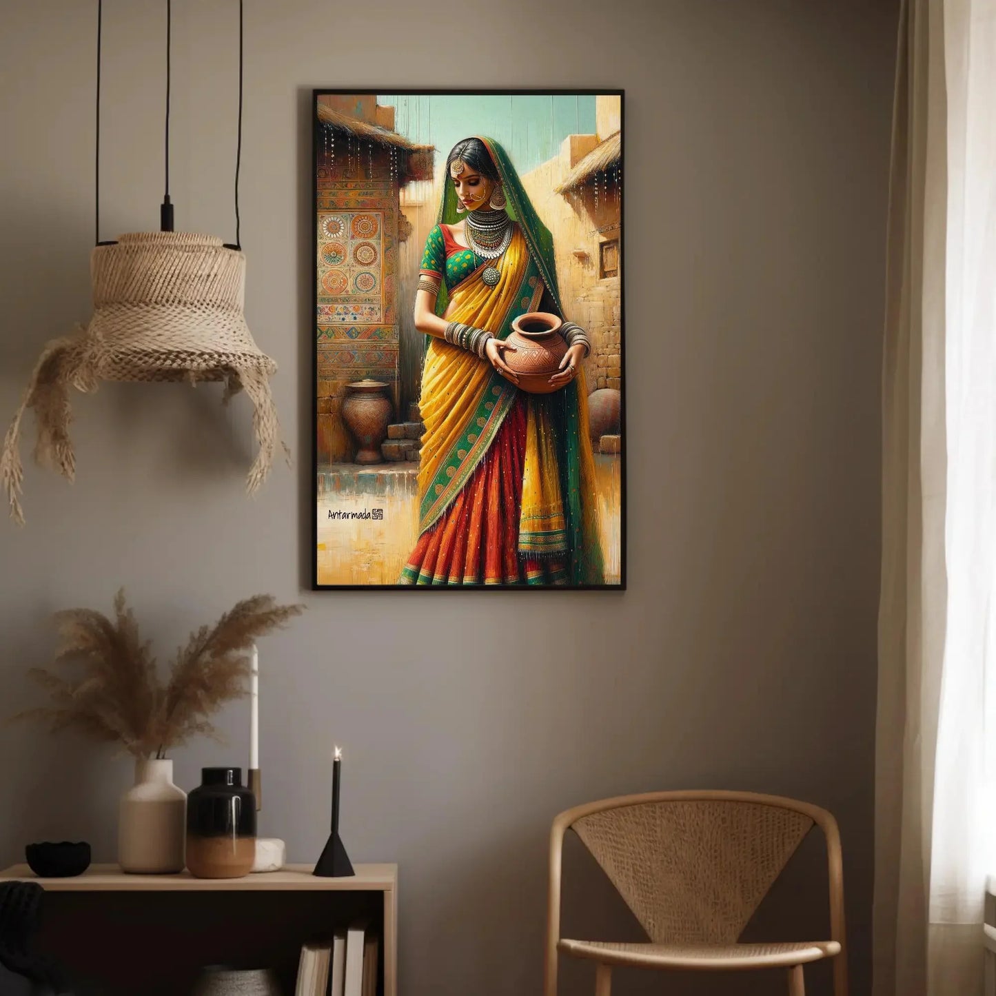 Traditional Indian Woman Holding a Pot Portrait Canvas Painting, Indian Living Room Decor, Desi Wall Art, South Asian Painting, Framed Print Wall Art – Canvas Print