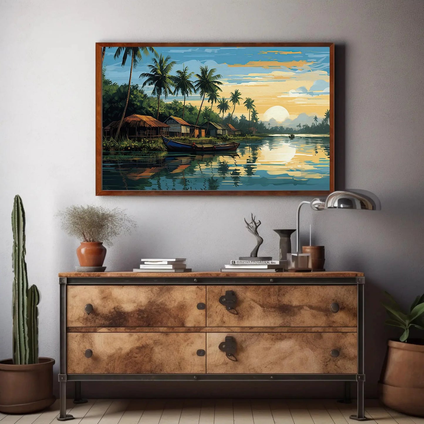 Kerala Landscape Modern Style Painting, Kerala Painting, South Indian Painting, India Artwork, Desi Decor Wall Art – Canvas Print