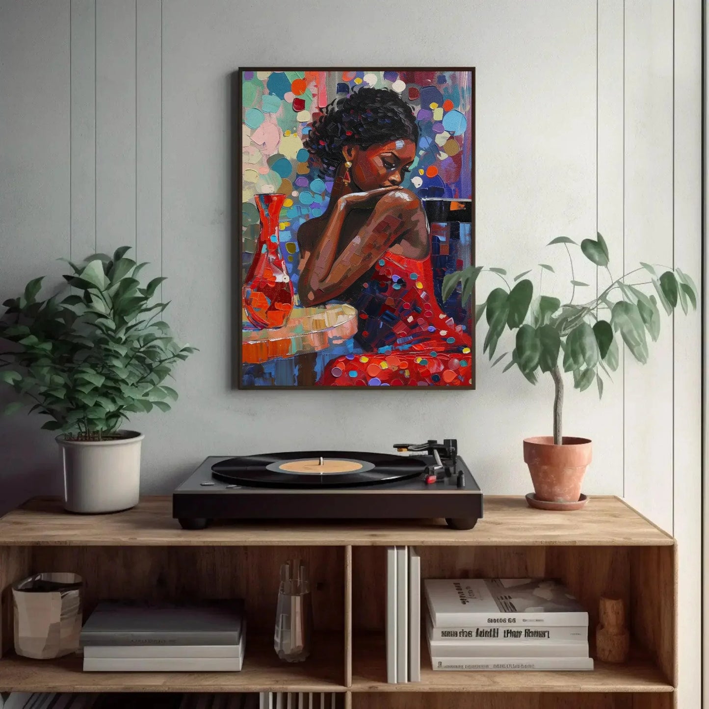 African Girl Abstract Colorful Oil Painting Extra-Large Canvas Print Classy Black Woman in Red Dress African American Art Gift for Her Wall Art – Canvas Print