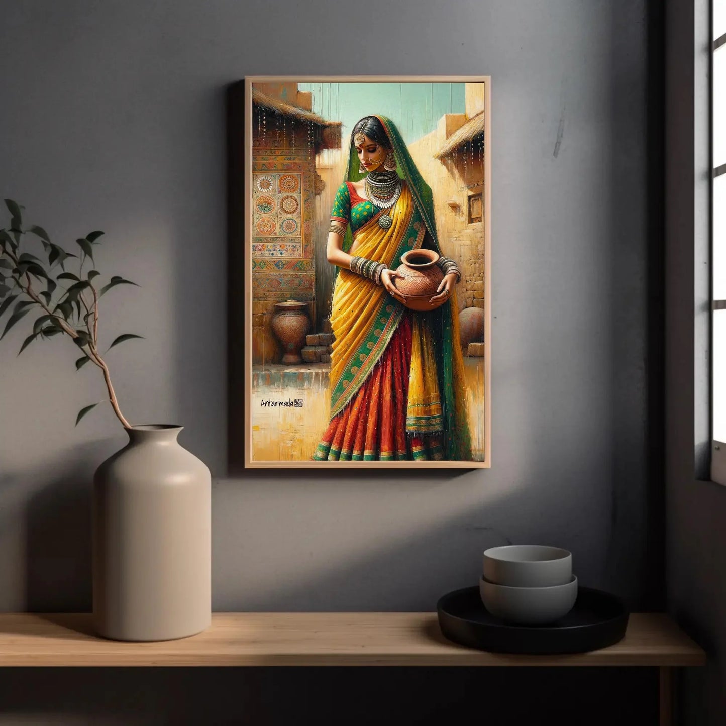 Traditional Indian Woman Holding a Pot Portrait Canvas Painting, Indian Living Room Decor, Desi Wall Art, South Asian Painting, Framed Print Wall Art – Canvas Print
