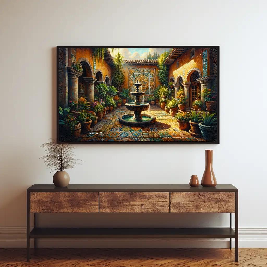 Mexican Courtyard Canvas Print - Traditional Mexican Art for Living Room or Gift - Framed Poster Mexico - Garden Painting Wall Art – Canvas Print