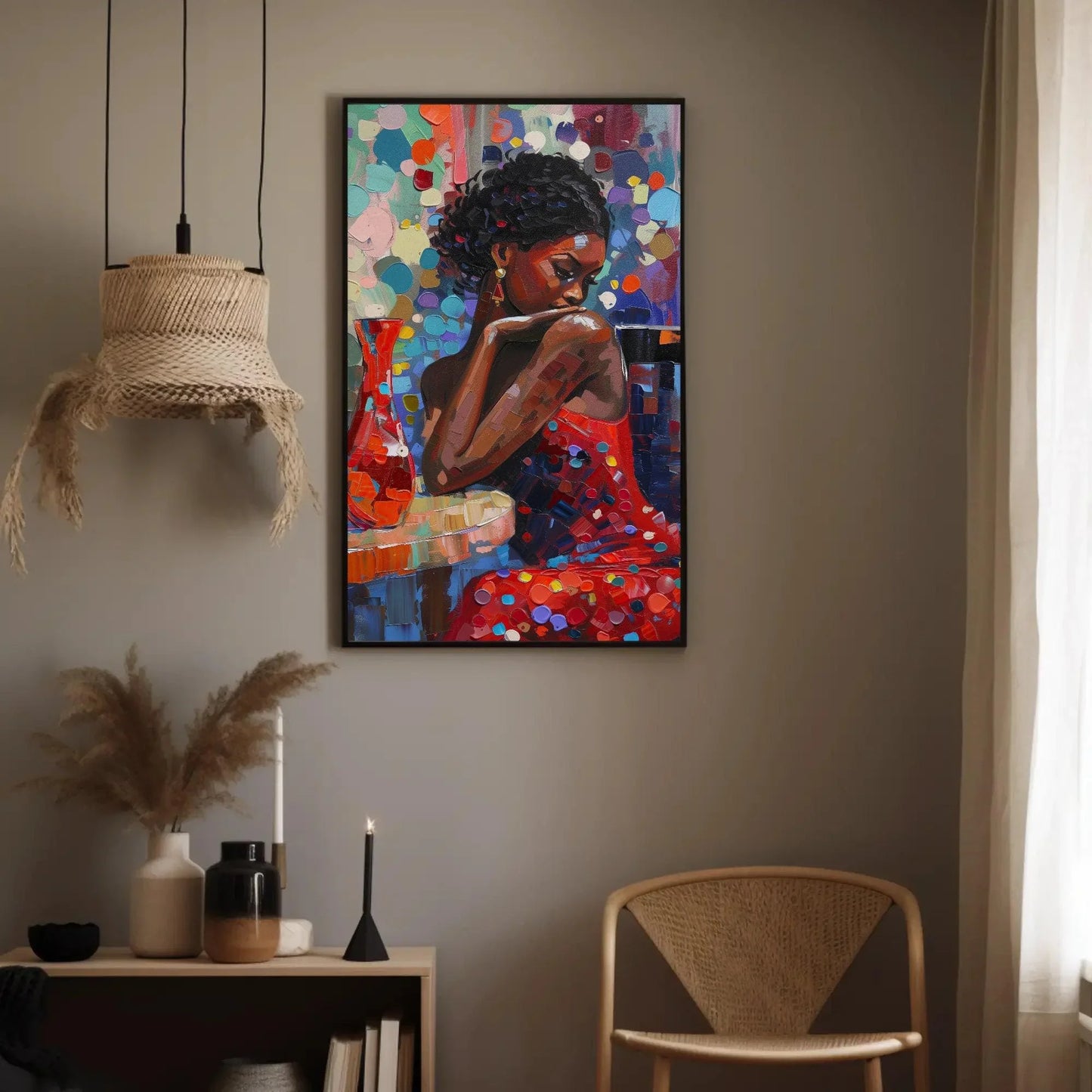 African Girl Abstract Colorful Oil Painting Extra-Large Canvas Print Classy Black Woman in Red Dress African American Art Gift for Her Wall Art – Canvas Print