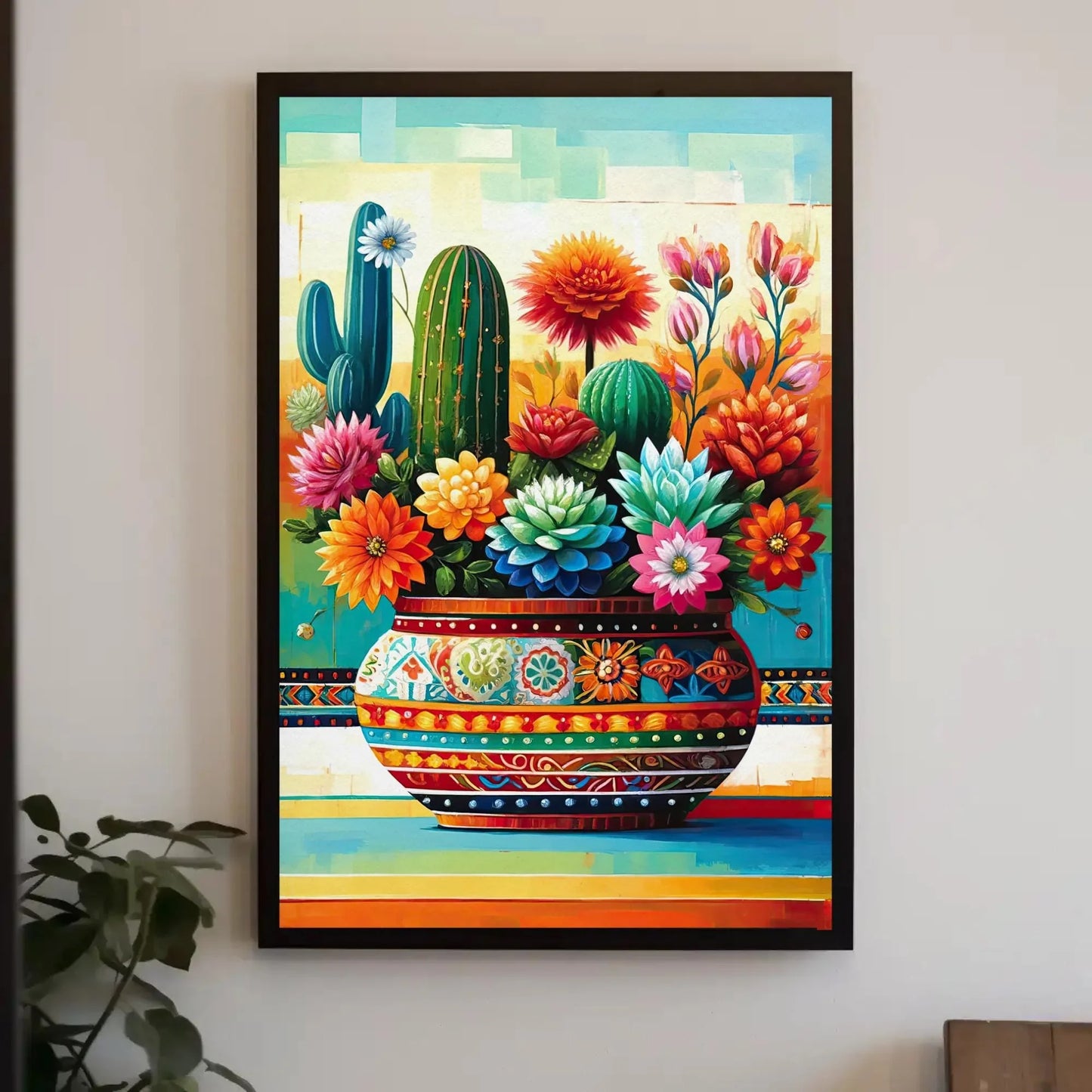 Cacti Fiesta Mexican Floral Wall Decor, Mexican Oil Painting, Mexico Cultural Wall Art, Mexican Painting, Mexican Framed Canvas Gift for Her Wall Art – Canvas Print