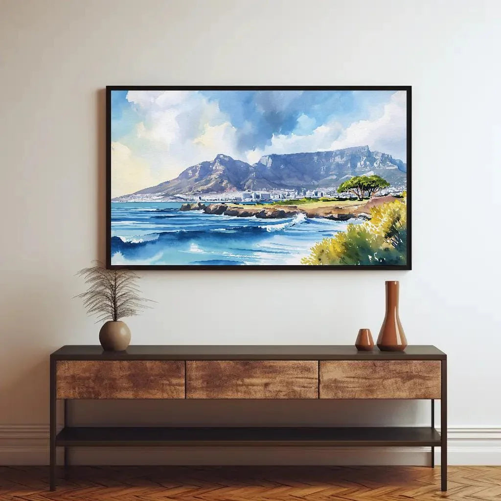 Cape Town Watercolor Print, Table Mountain Large Canvas Print, South African Wall Decor, South Africa Art, Framed Poster Ready To Hang Wall Art – Canvas Print