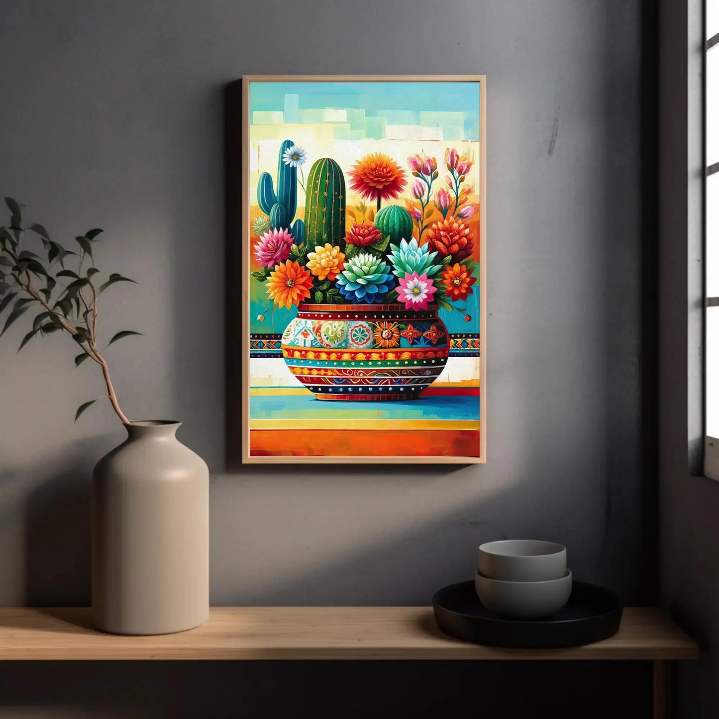 Cacti Fiesta Mexican Floral Wall Decor, Mexican Oil Painting, Mexico Cultural Wall Art, Mexican Painting, Mexican Framed Canvas Gift for Her Wall Art – Canvas Print