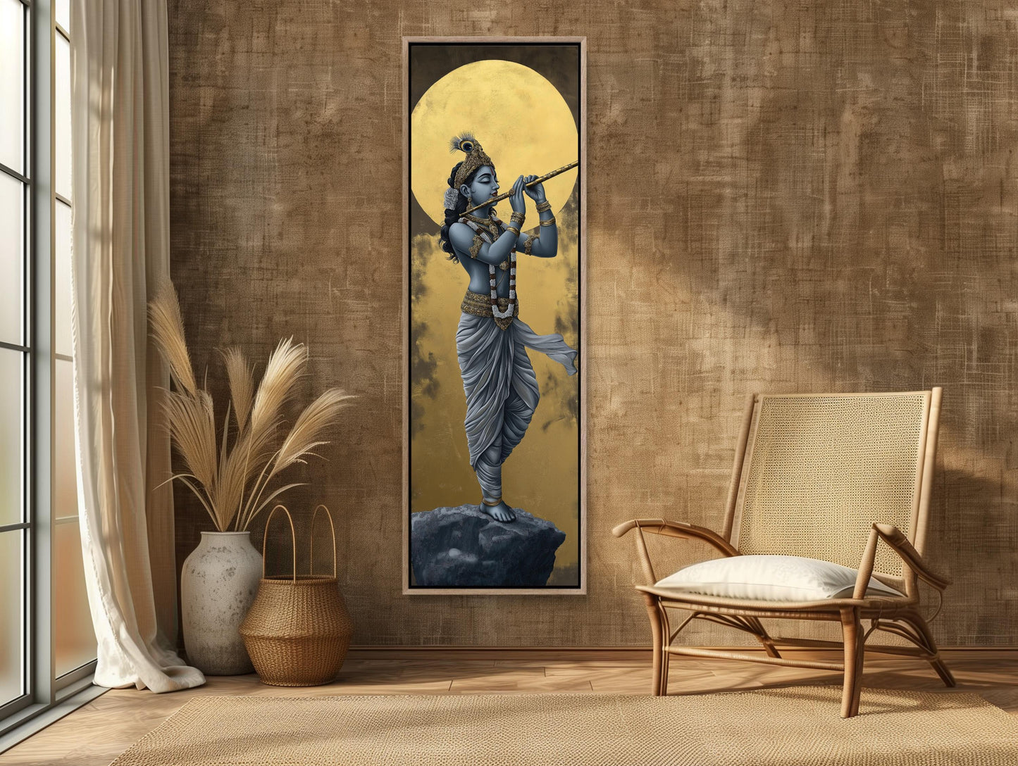 Lord Krishna Tall Canvas Painting, Hindu Spiritual Wall Decor, Krishna Playing Flute Under Golden Moon, Indian Art for Home, Ready to Hang Wall Art – Canvas Print
