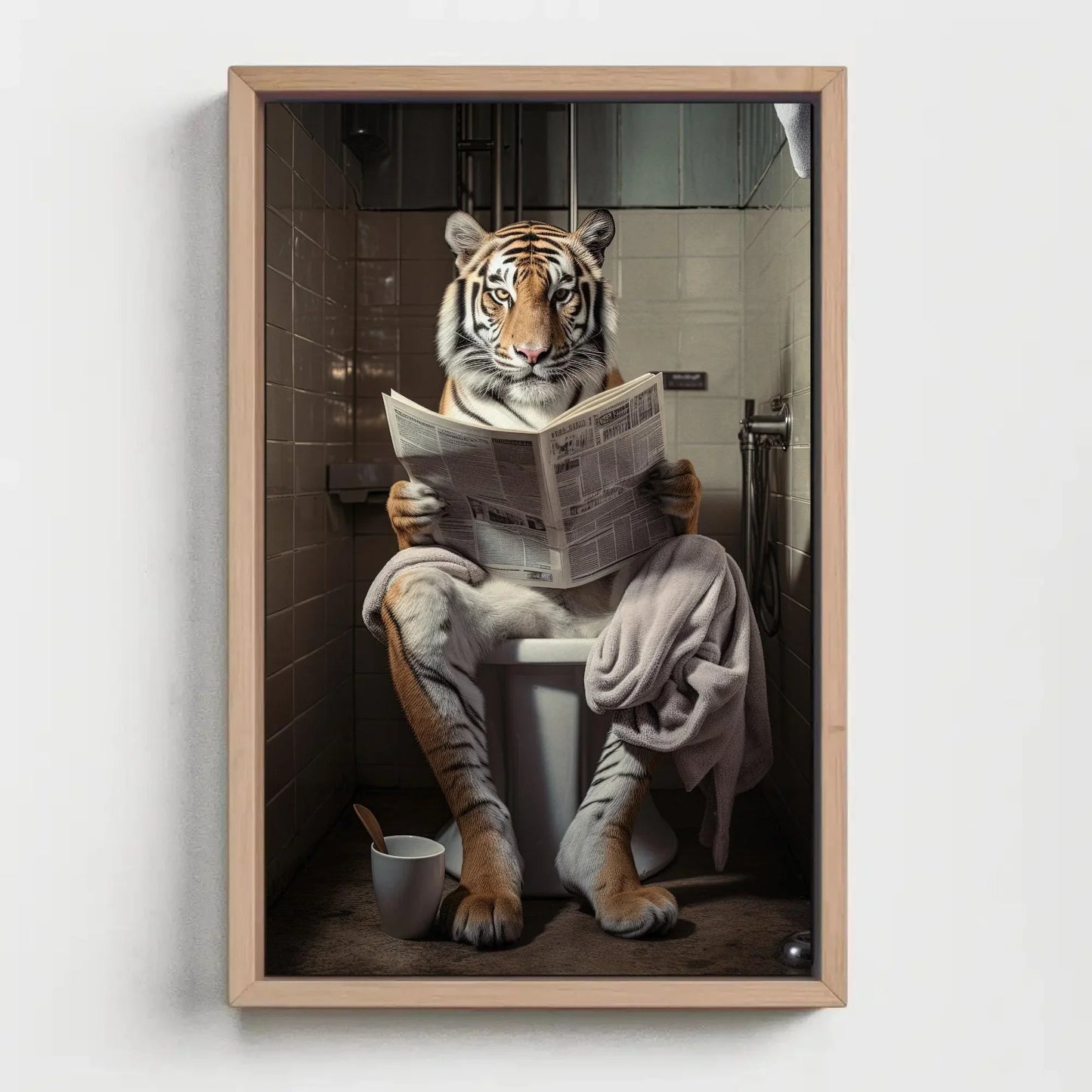 Majestic Tiger Reading Newspaper On The Toilet Animal Lovers Gift Canvas Painting Funny Bathroom Art Framed Print Wildlife Art Ready To Hang Wall Art – Canvas Print