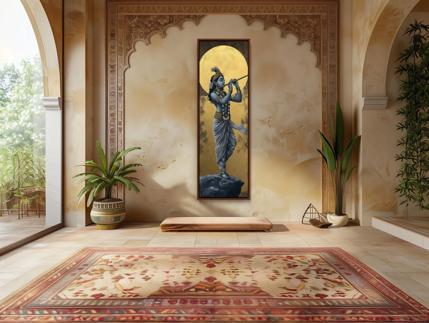 Lord Krishna Tall Canvas Painting, Hindu Spiritual Wall Decor, Krishna Playing Flute Under Golden Moon, Indian Art for Home, Ready to Hang Wall Art – Canvas Print