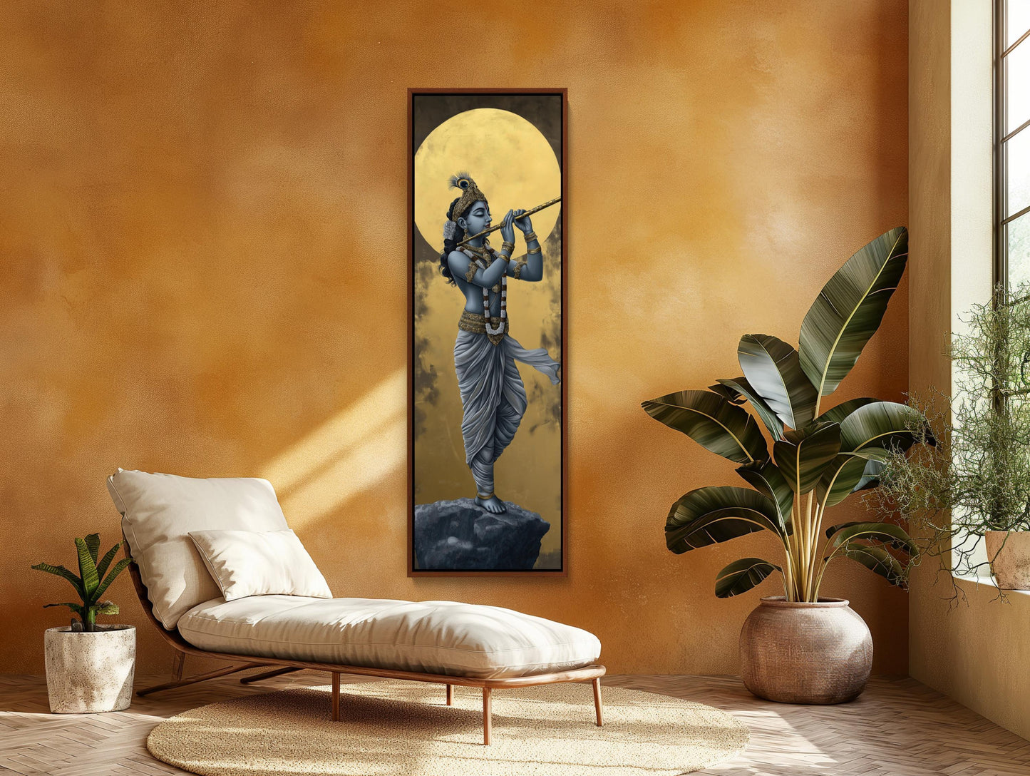 Lord Krishna Tall Canvas Painting, Hindu Spiritual Wall Decor, Krishna Playing Flute Under Golden Moon, Indian Art for Home, Ready to Hang Wall Art – Canvas Print