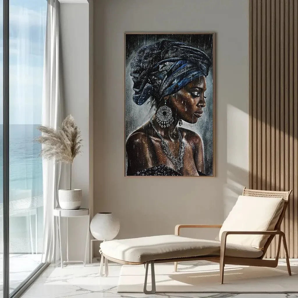 Exotic African Beauty in Rain Canvas Painting, Framed Print, Bohemian and African Decor, Ready to Hang, Living Room or Bedroom Decor Wall Art – Canvas Print