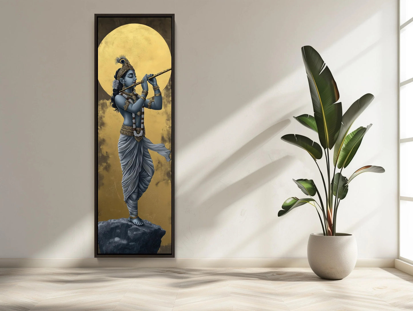 Lord Krishna Tall Canvas Painting, Hindu Spiritual Wall Decor, Krishna Playing Flute Under Golden Moon, Indian Art for Home, Ready to Hang Wall Art – Canvas Print