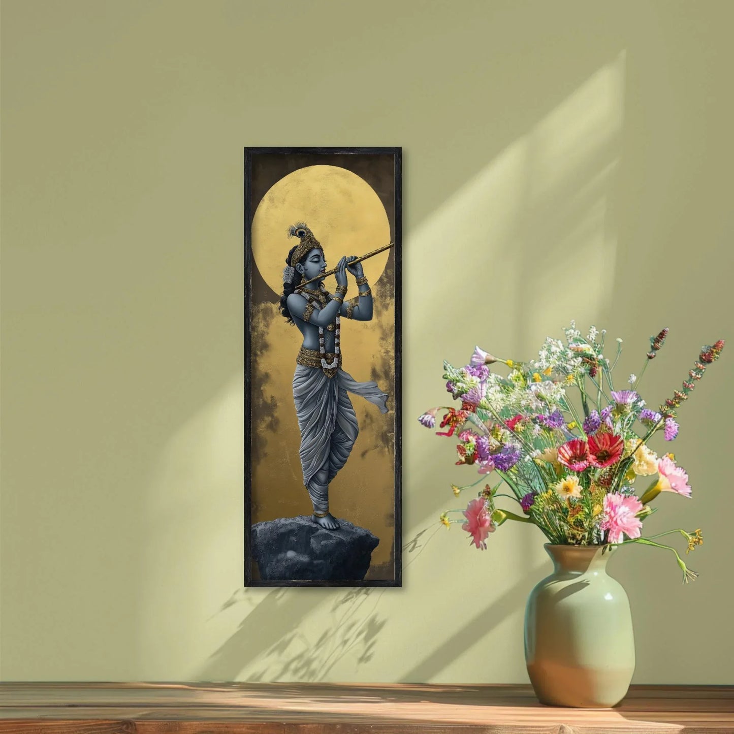 Lord Krishna Tall Canvas Painting, Hindu Spiritual Wall Decor, Krishna Playing Flute Under Golden Moon, Indian Art for Home, Ready to Hang Wall Art – Canvas Print