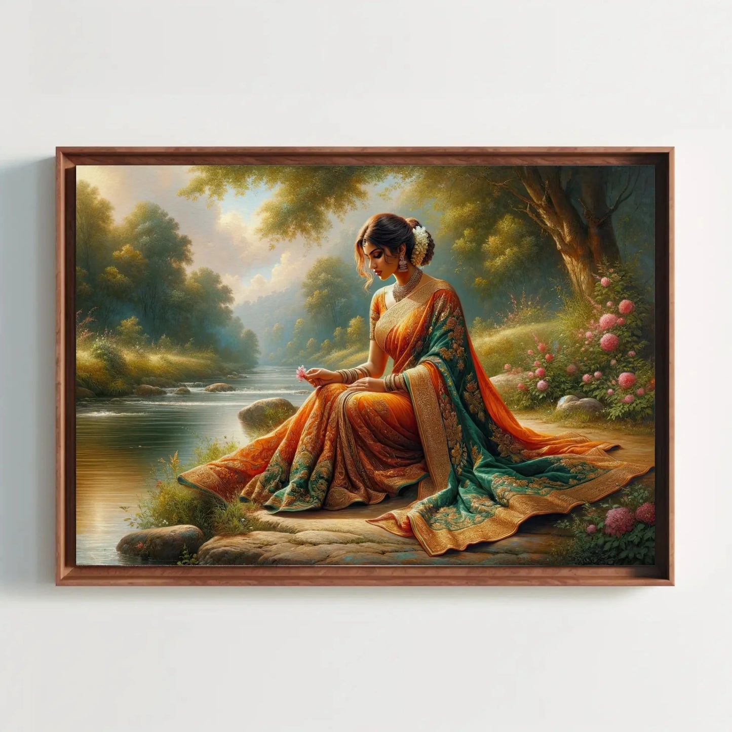 Indian Woman Sitting Along a River Shore painting, Indian Home Decor, Large Canvas Framed Print, Signed, South Asian Wall Art, Desi Art Wall Art – Canvas Print