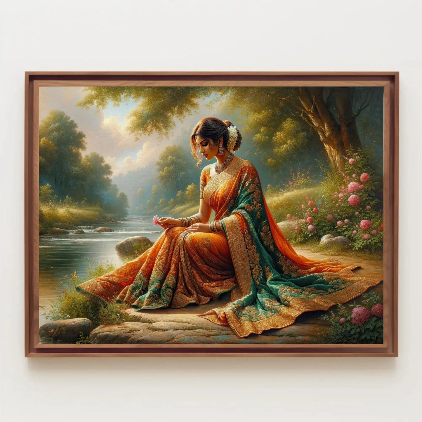 Indian Woman Sitting Along a River Shore painting, Indian Home Decor, Large Canvas Framed Print, Signed, South Asian Wall Art, Desi Art Wall Art – Canvas Print