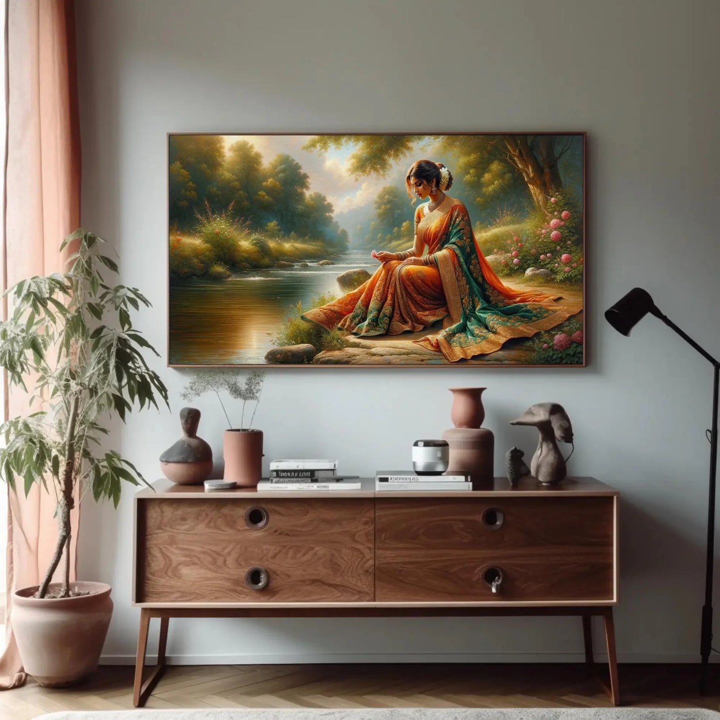 Indian Woman Sitting Along a River Shore painting, Indian Home Decor, Large Canvas Framed Print, Signed, South Asian Wall Art, Desi Art Wall Art – Canvas Print