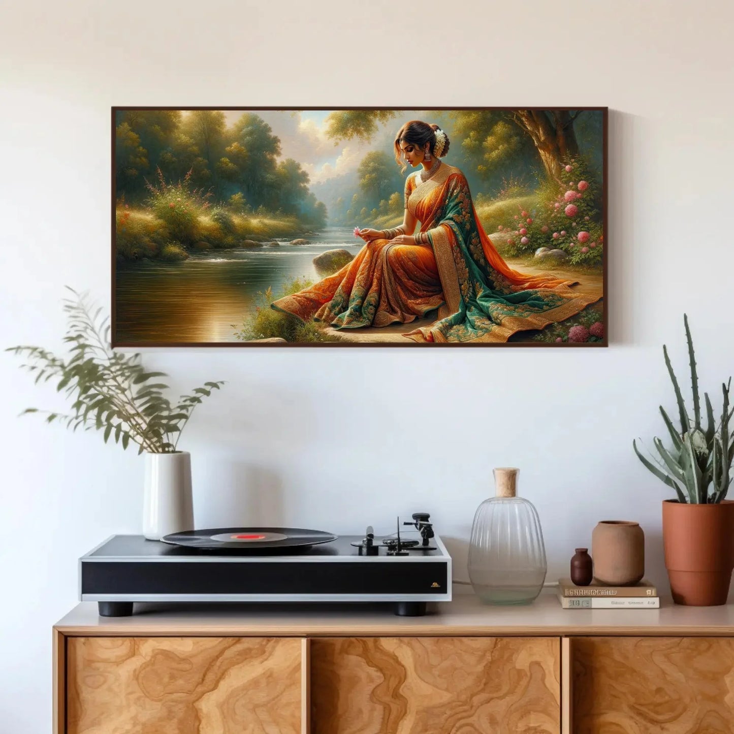 Indian Woman Sitting Along a River Shore painting, Indian Home Decor, Large Canvas Framed Print, Signed, South Asian Wall Art, Desi Art Wall Art – Canvas Print