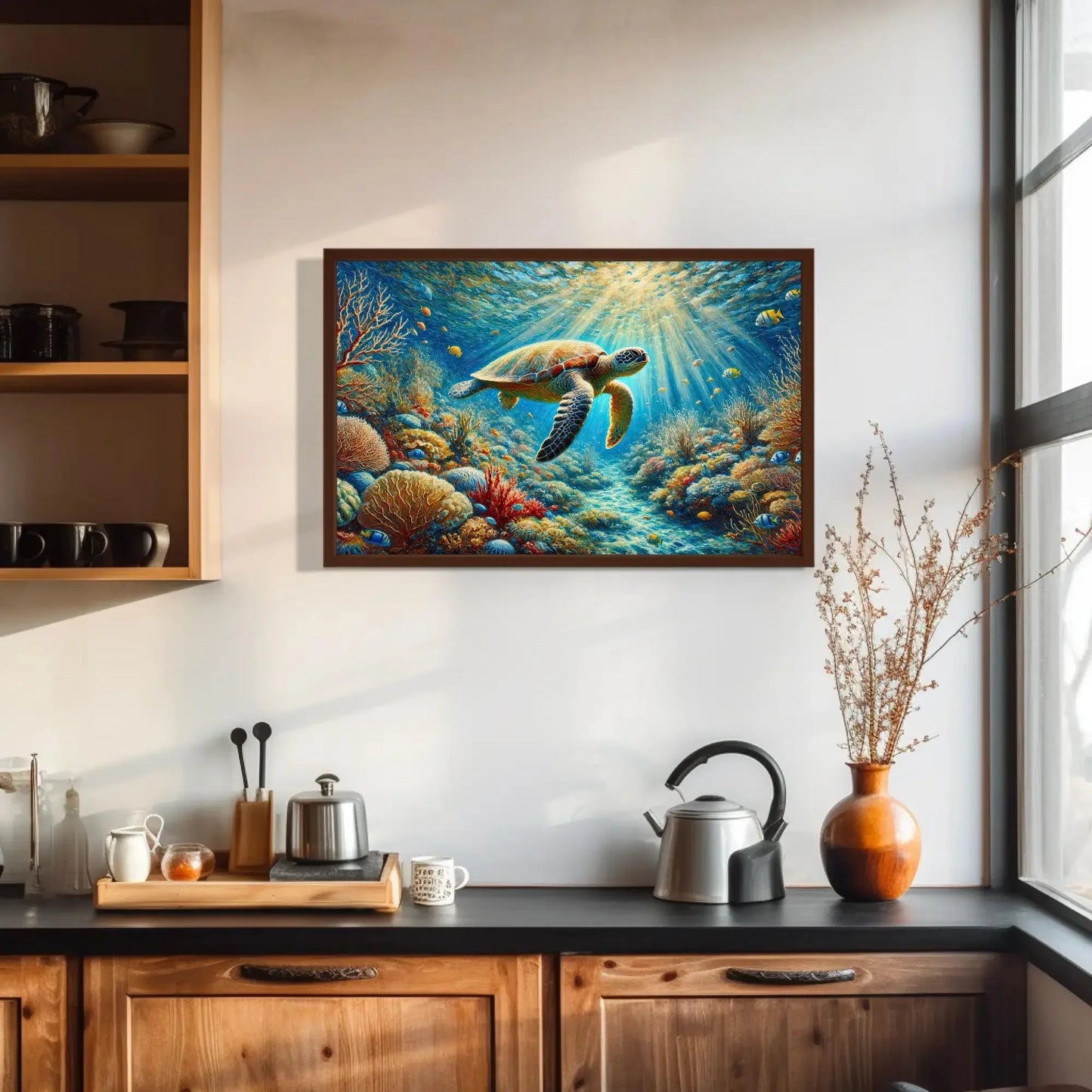 Serene Sea Turtle in a Coral Reef Canvas Print | Underwater Wildlife Oil Painting | Nature Wall Art for Living Room Bedroom | Ready to Hang Wall Art – Canvas Print