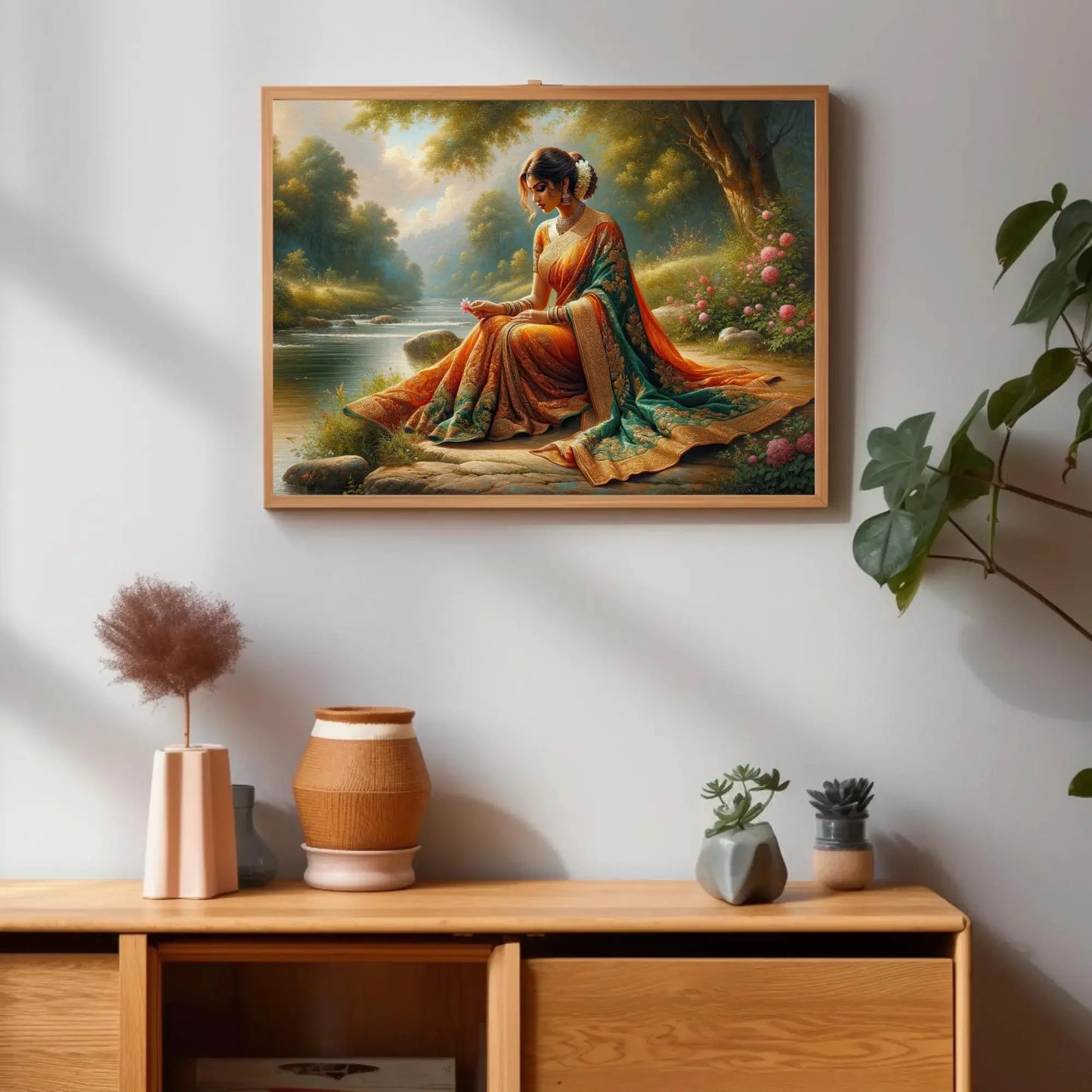 Indian Woman Sitting Along a River Shore painting, Indian Home Decor, Large Canvas Framed Print, Signed, South Asian Wall Art, Desi Art Wall Art – Canvas Print