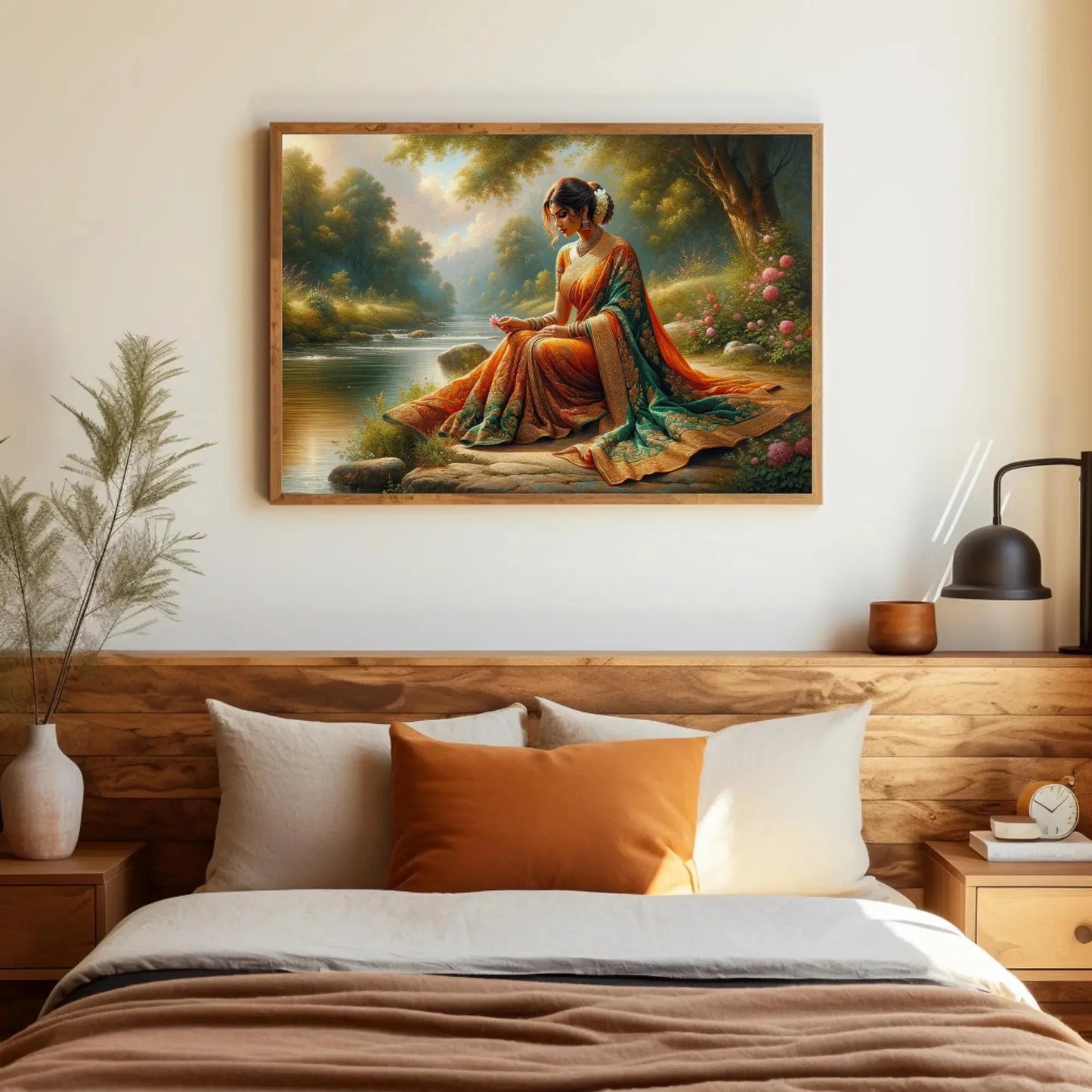Indian Woman Sitting Along a River Shore painting, Indian Home Decor, Large Canvas Framed Print, Signed, South Asian Wall Art, Desi Art Wall Art – Canvas Print