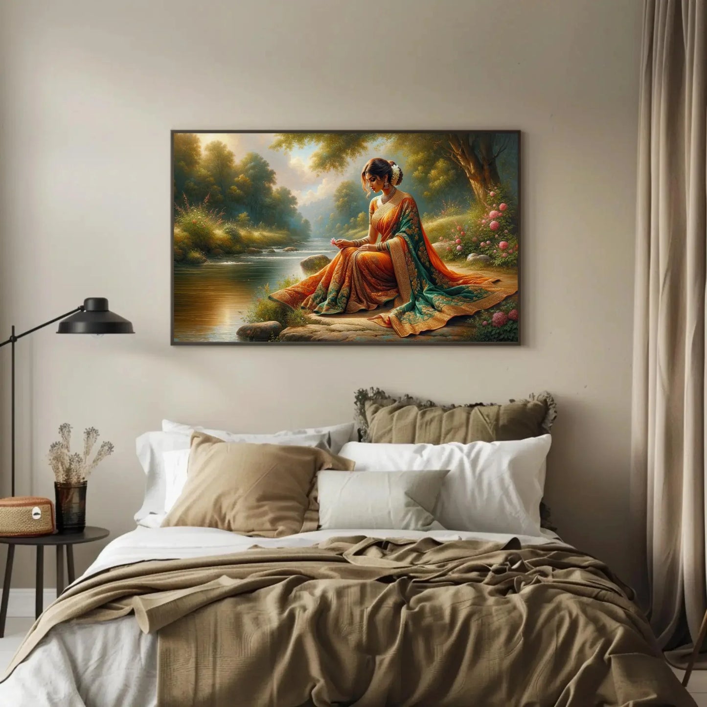 Indian Woman Sitting Along a River Shore painting, Indian Home Decor, Large Canvas Framed Print, Signed, South Asian Wall Art, Desi Art Wall Art – Canvas Print