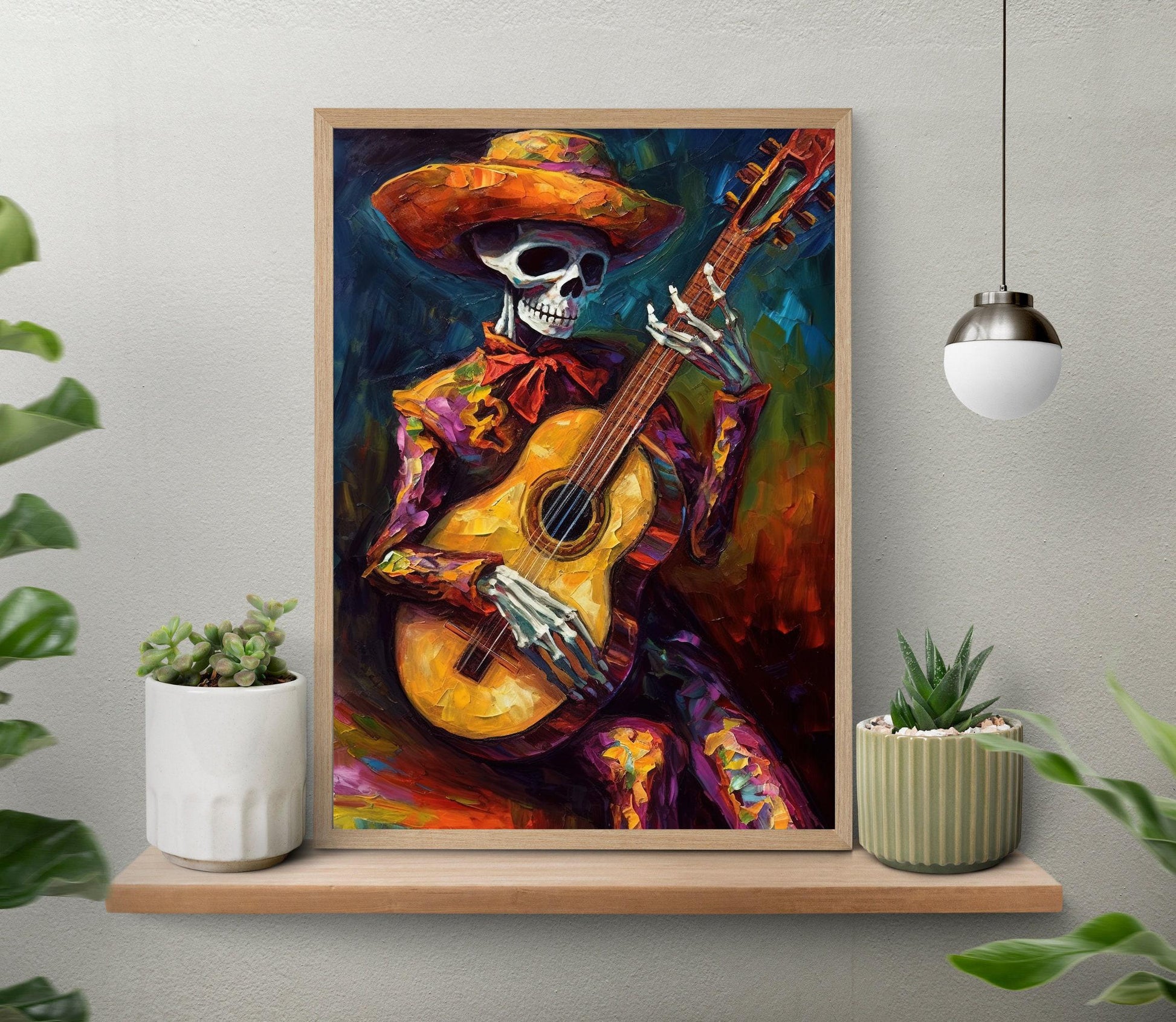 Mexican Cowboy Skeleton Guitarist Art Print Mariachi Guitarist Latino Art Chicano art Mexican Art Calavera Art Large Canvas Wall Art – Canvas Print