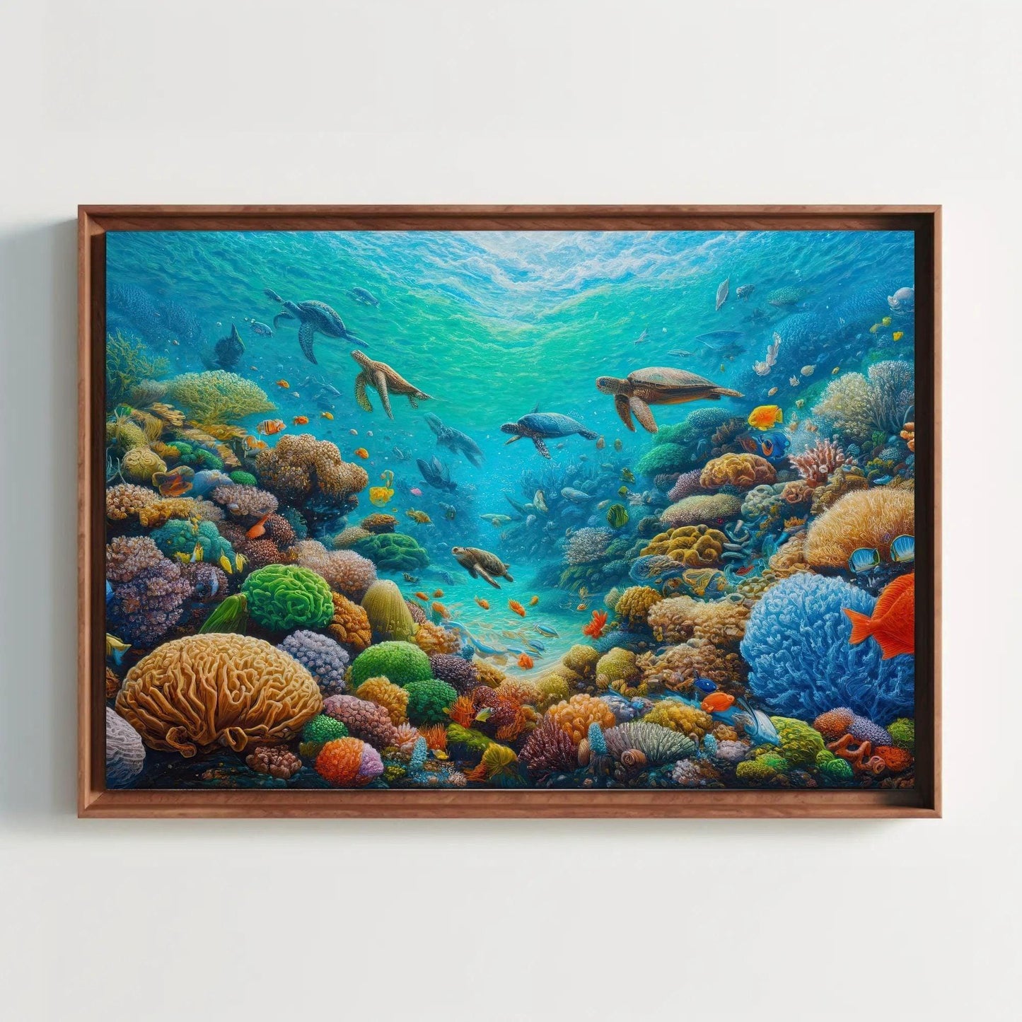 Coastal Reef with Marine Life Canvas Painting, Blue Ocean Framed Print, Underwater Scene Art, Ideal for Living Room, Bedroom, Office Decor Wall Art – Canvas Print