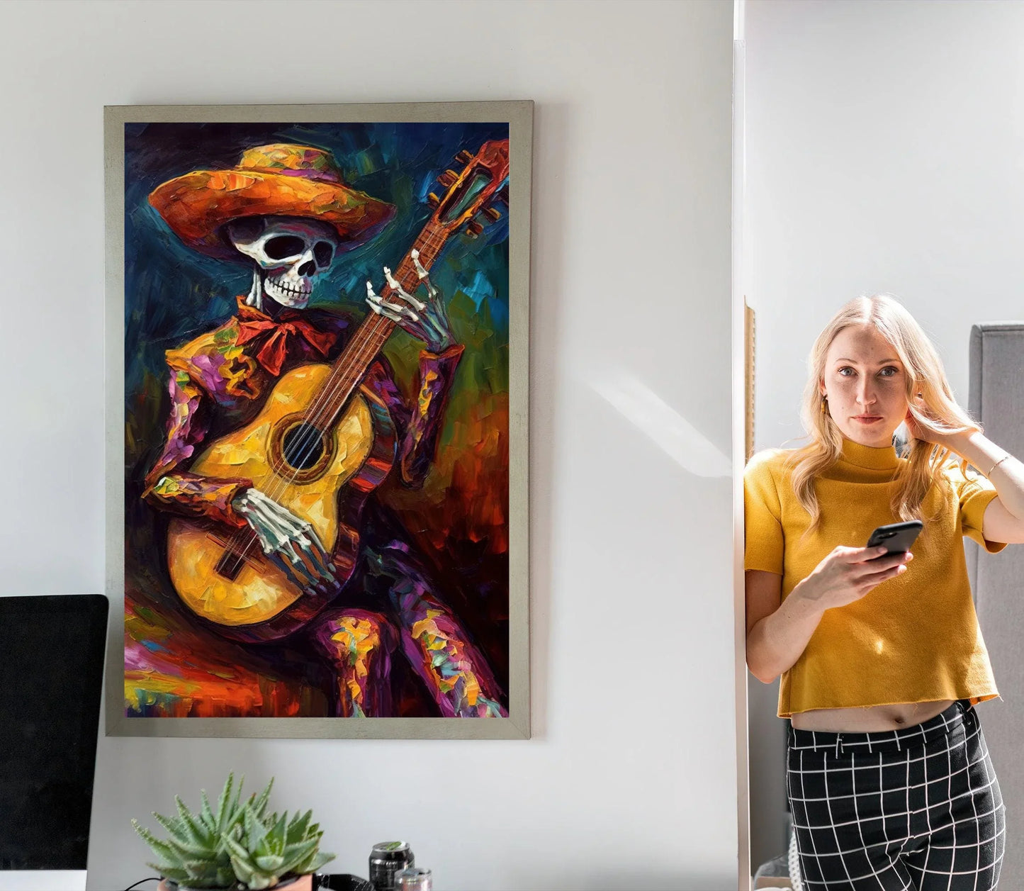 Mexican Cowboy Skeleton Guitarist Art Print Mariachi Guitarist Latino Art Chicano art Mexican Art Calavera Art Large Canvas Wall Art – Canvas Print