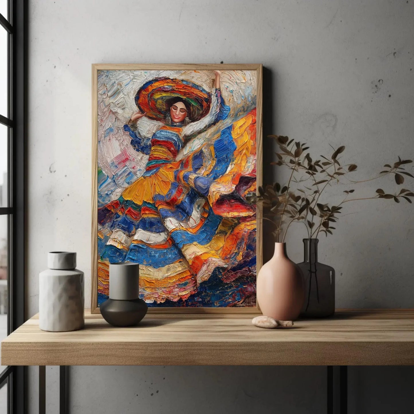 Mexican Woman Folk Dance Oil Painting Canvas | Mexican Cultural Wall Art | Framed Ethnic Art for Living Room, Bedroom, Studio, Ready to Hang Wall Art – Canvas Print