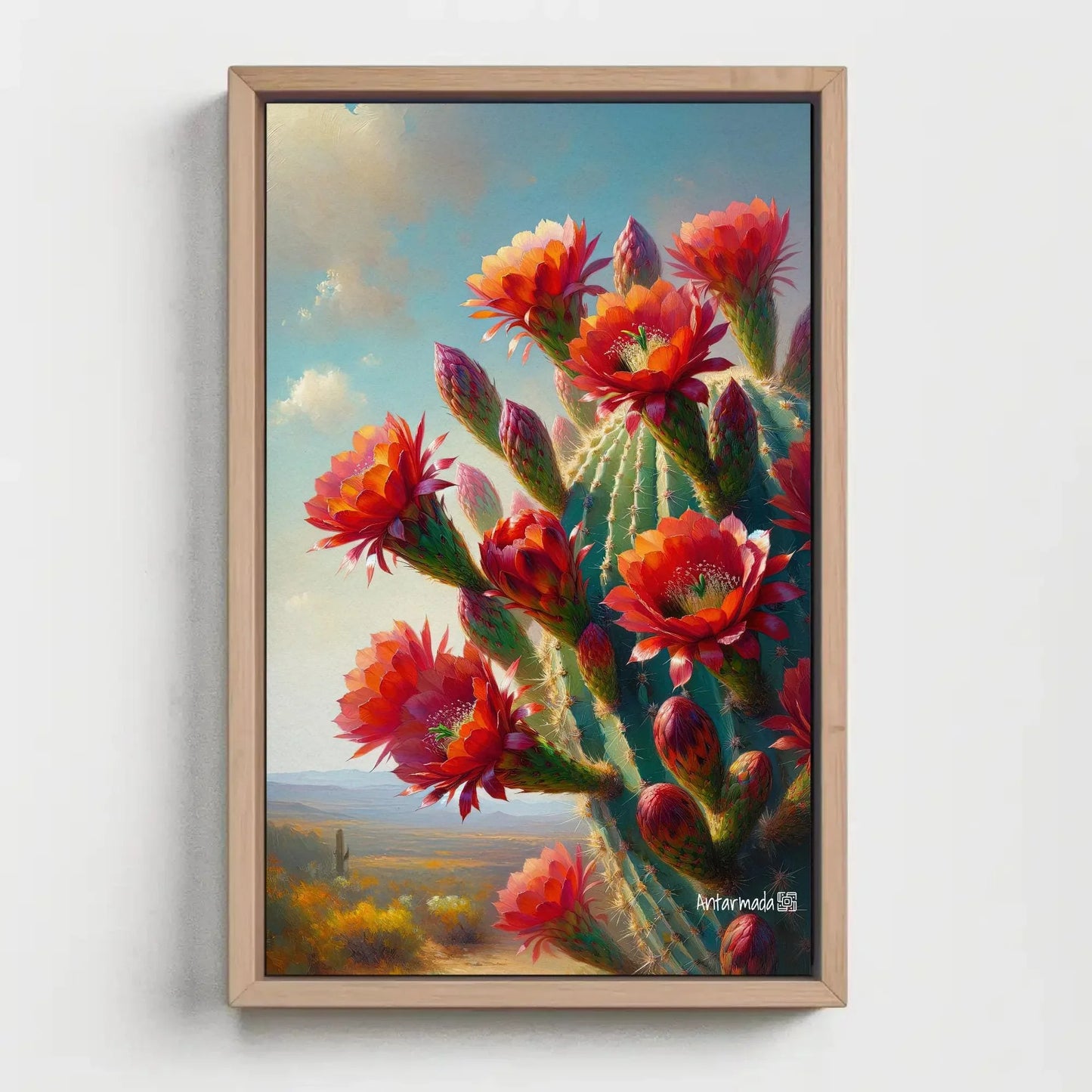 Blooming Red cactus flowers Vertical Painting, South Wester Decor, Mexican Cactus Art, Desert Framed Print, Large Canvas, Ready to Hang Wall Art – Canvas Print
