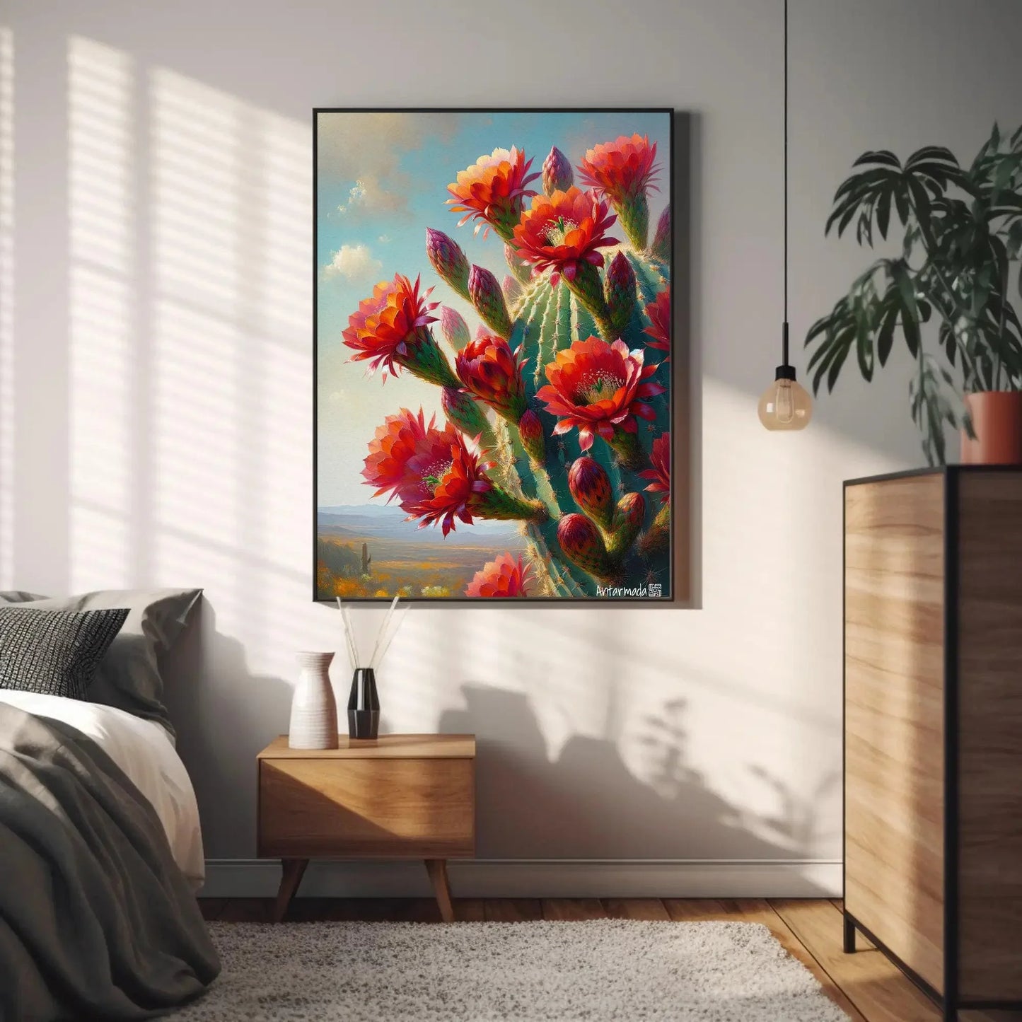 Blooming Red cactus flowers Vertical Painting, South Wester Decor, Mexican Cactus Art, Desert Framed Print, Large Canvas, Ready to Hang Wall Art – Canvas Print