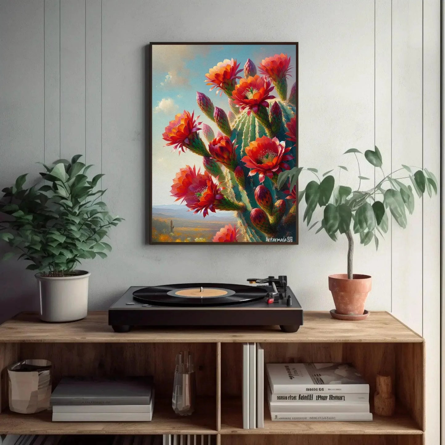 Blooming Red cactus flowers Vertical Painting, South Wester Decor, Mexican Cactus Art, Desert Framed Print, Large Canvas, Ready to Hang Wall Art – Canvas Print