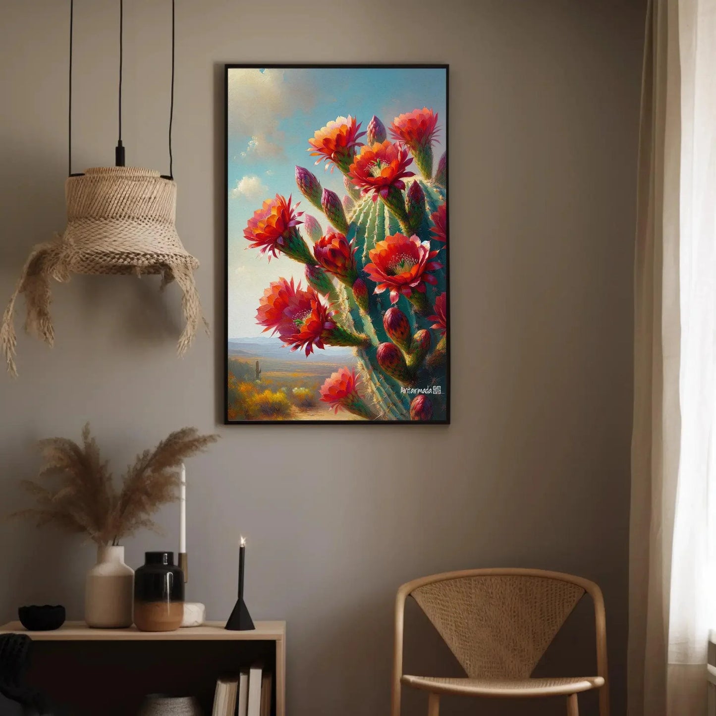 Blooming Red cactus flowers Vertical Painting, South Wester Decor, Mexican Cactus Art, Desert Framed Print, Large Canvas, Ready to Hang Wall Art – Canvas Print
