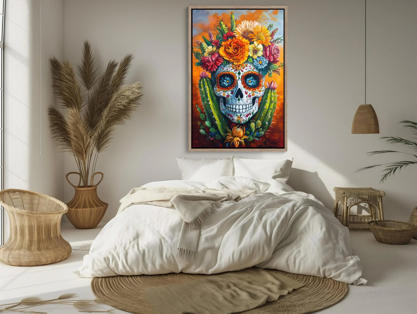 Mexican Sugar Skull with Cactus Canvas Print, Colorful Day of the Dead Art, Vibrant Mexican Wall Decor, Traditional Folk Painting Wall Art – Canvas Print