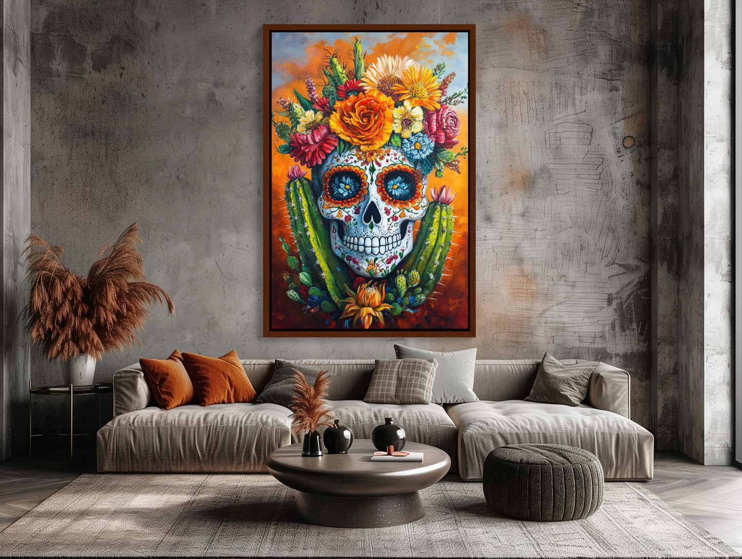 Mexican Sugar Skull with Cactus Canvas Print, Colorful Day of the Dead Art, Vibrant Mexican Wall Decor, Traditional Folk Painting Wall Art – Canvas Print
