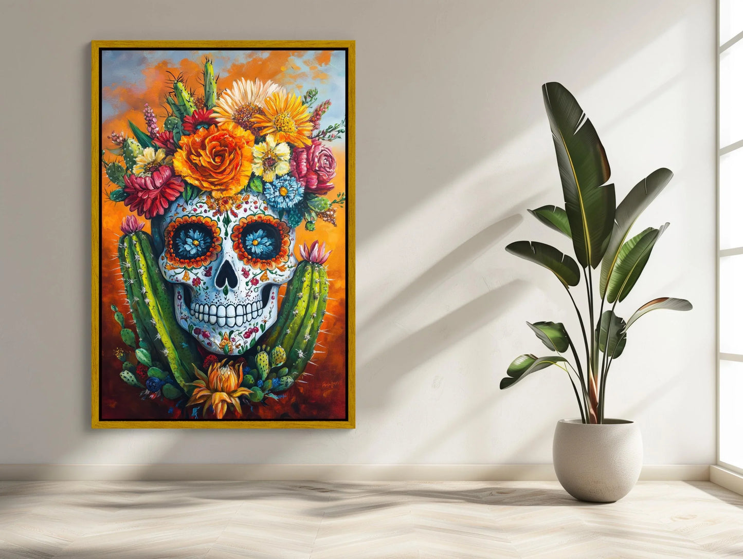 Mexican Sugar Skull with Cactus Canvas Print, Colorful Day of the Dead Art, Vibrant Mexican Wall Decor, Traditional Folk Painting Wall Art – Canvas Print