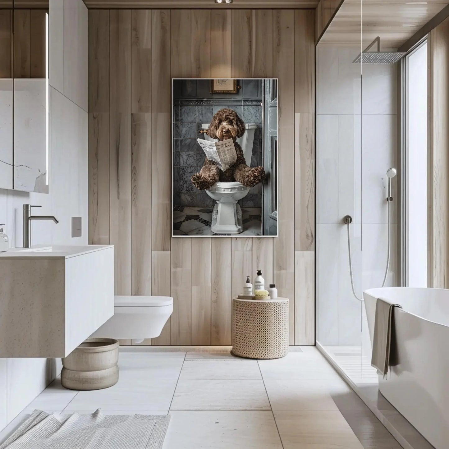 Chocolate Doodle Dog sitting on toilet reading newspaper canvas print, Toilet humour, Bathroom art, Anniversary gift, Restroom decor gift Wall Art – Canvas Print