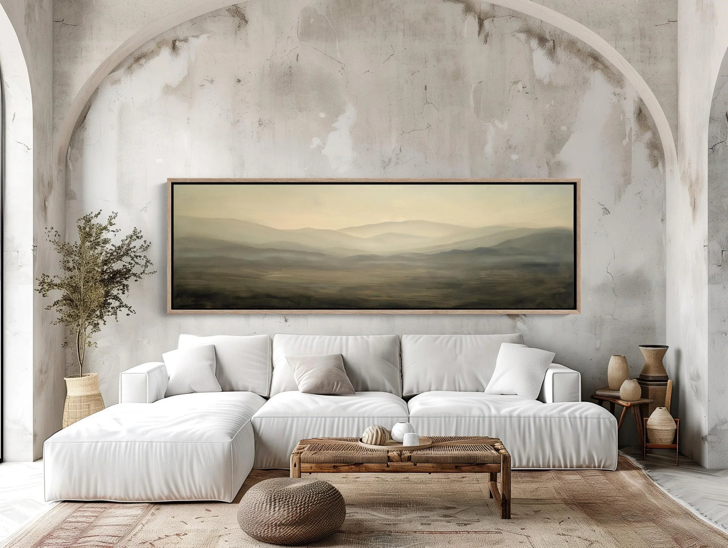 Open Field with Hills Canvas Print, Muted Colors Dark Gray and Light Beige, Long Horizontal Canvas Art, Panoramic Landscape Wall Art Wall Art – Canvas Print
