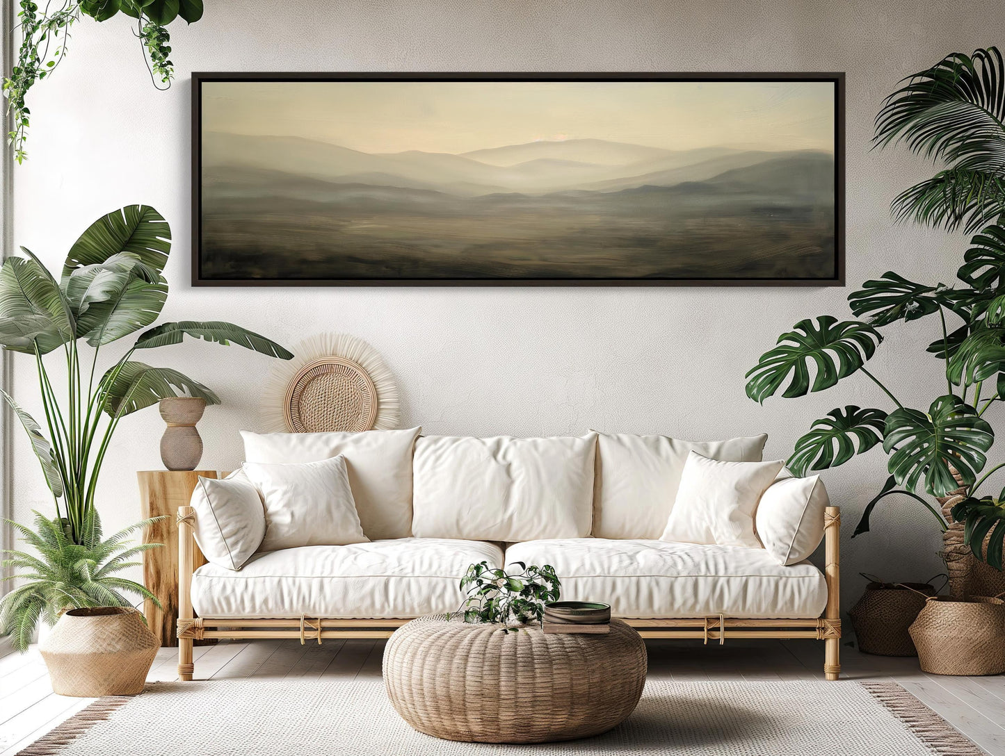 Open Field with Hills Canvas Print, Muted Colors Dark Gray and Light Beige, Long Horizontal Canvas Art, Panoramic Landscape Wall Art Wall Art – Canvas Print