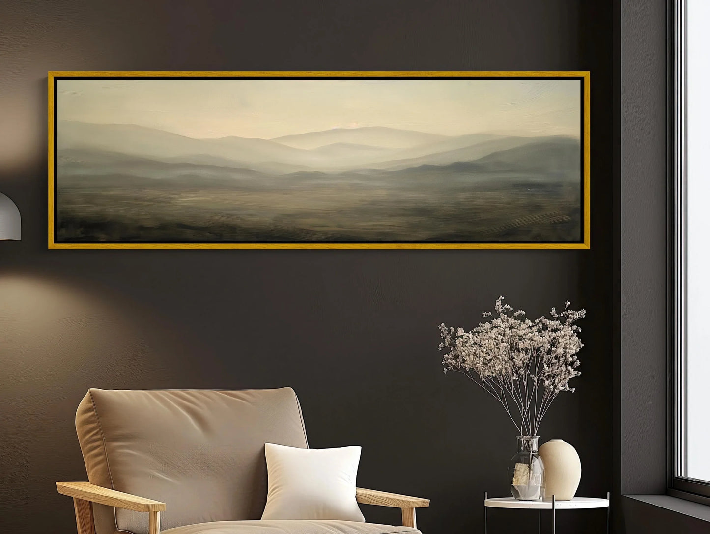 Open Field with Hills Canvas Print, Muted Colors Dark Gray and Light Beige, Long Horizontal Canvas Art, Panoramic Landscape Wall Art Wall Art – Canvas Print