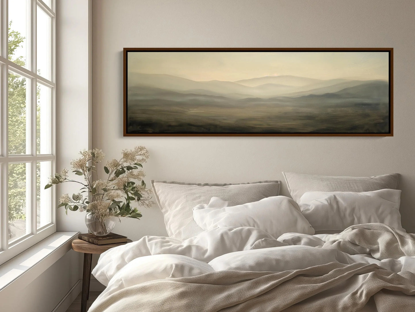 Open Field with Hills Canvas Print, Muted Colors Dark Gray and Light Beige, Long Horizontal Canvas Art, Panoramic Landscape Wall Art Wall Art – Canvas Print
