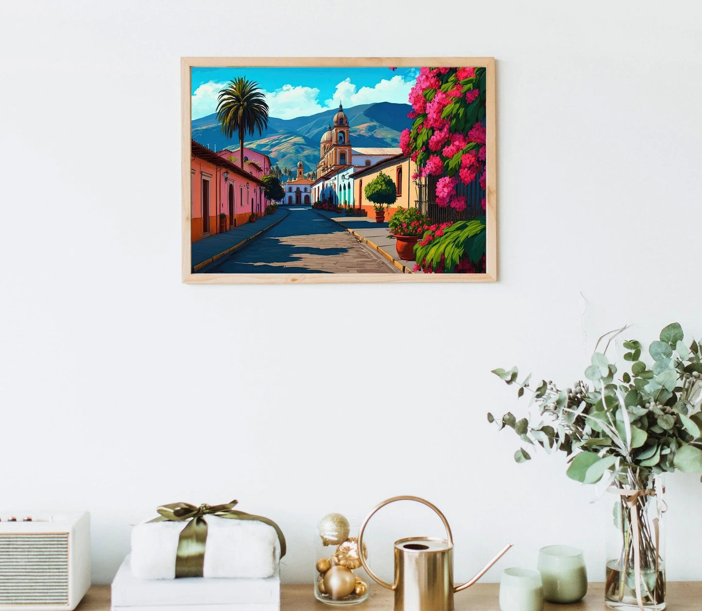 Mexican Landscape Painting, Mexican Village, Mexican Poster, Mexican Wall Art Decor, Floral Wall Print, Mexican Home Decor, Latino Art Print Wall Art – Canvas Print