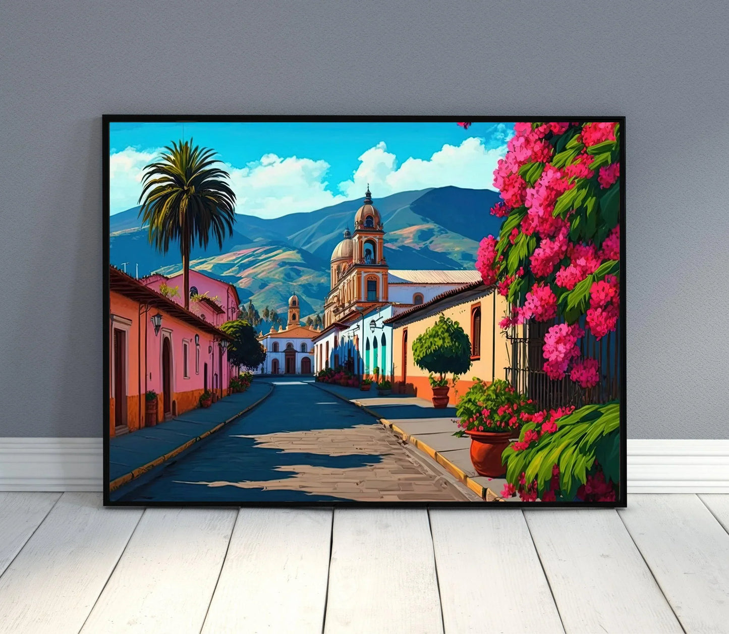 Mexican Landscape Painting, Mexican Village, Mexican Poster, Mexican Wall Art Decor, Floral Wall Print, Mexican Home Decor, Latino Art Print Wall Art – Canvas Print