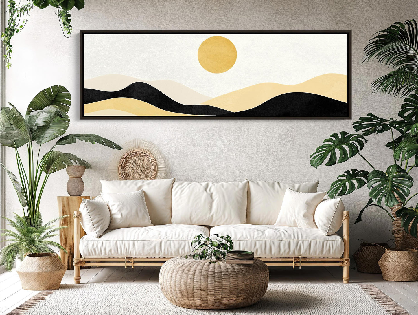 Boho Minimalist Mountain Landscape Canvas Art, Earth and Sand Tones Panoramic Wall Decor, Framed Boho Nature Art, Living Room, Ready to Hang Wall Art – Canvas Print