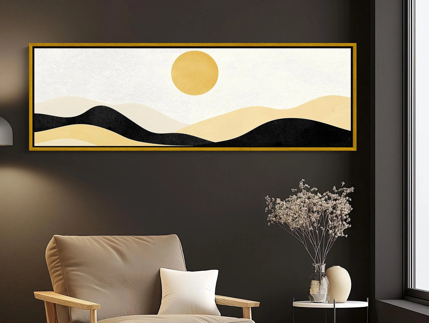 Boho Minimalist Mountain Landscape Canvas Art, Earth and Sand Tones Panoramic Wall Decor, Framed Boho Nature Art, Living Room, Ready to Hang Wall Art – Canvas Print