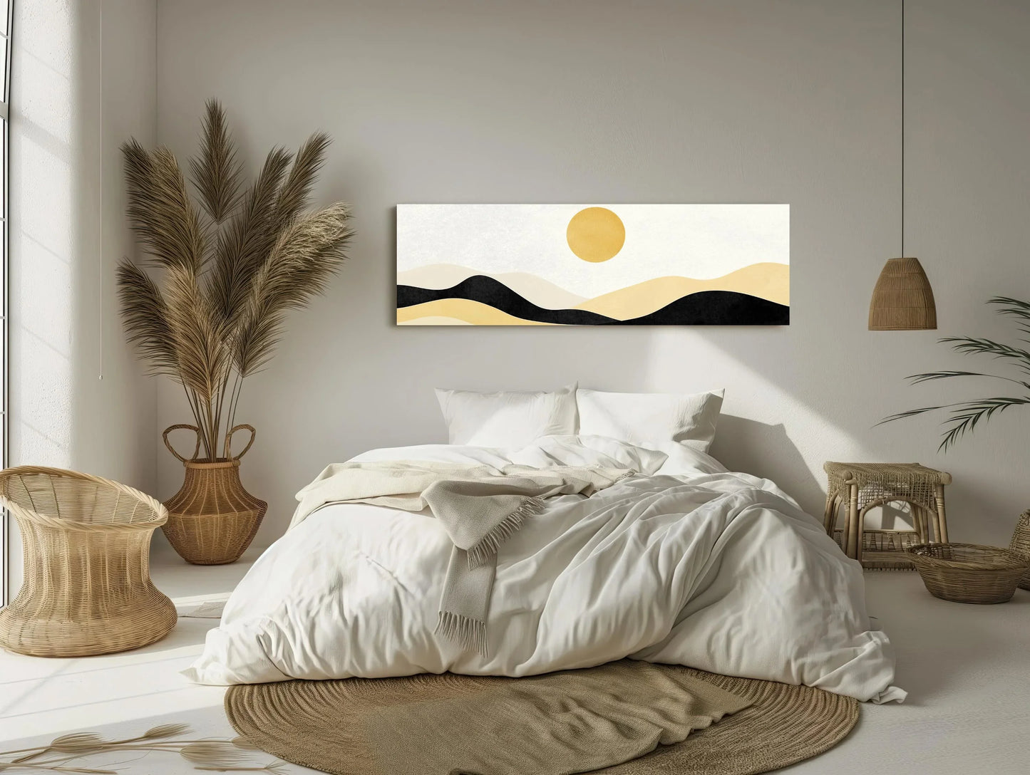 Boho Minimalist Mountain Landscape Canvas Art, Earth and Sand Tones Panoramic Wall Decor, Framed Boho Nature Art, Living Room, Ready to Hang Wall Art – Canvas Print