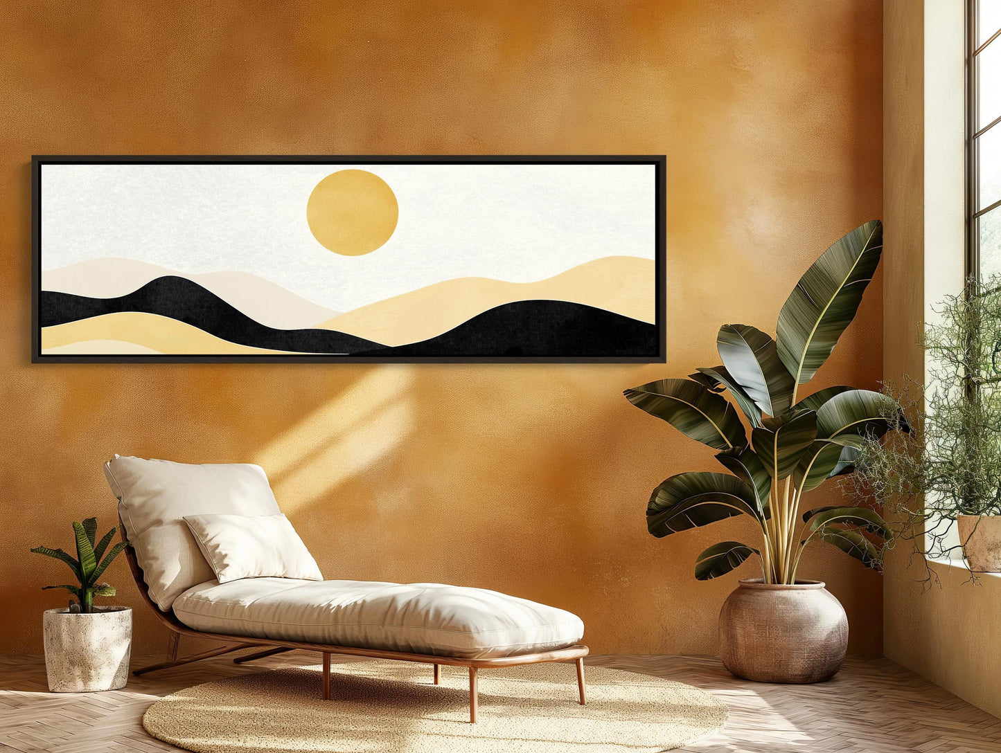 Boho Minimalist Mountain Landscape Canvas Art, Earth and Sand Tones Panoramic Wall Decor, Framed Boho Nature Art, Living Room, Ready to Hang Wall Art – Canvas Print