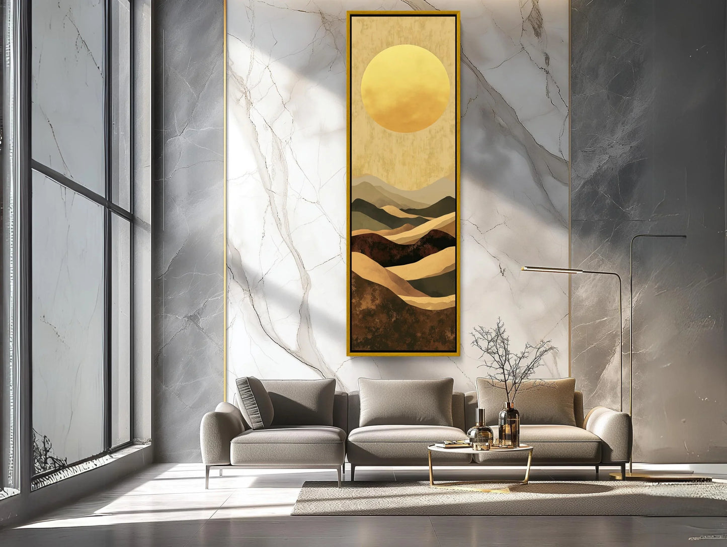 Boho Minimalist Mountain Landscape Canvas Art, Earth and Sand Tones Long Vertical Wall Decor, Framed Bohemian Art for Living Room, Bedroom Wall Art – Canvas Print