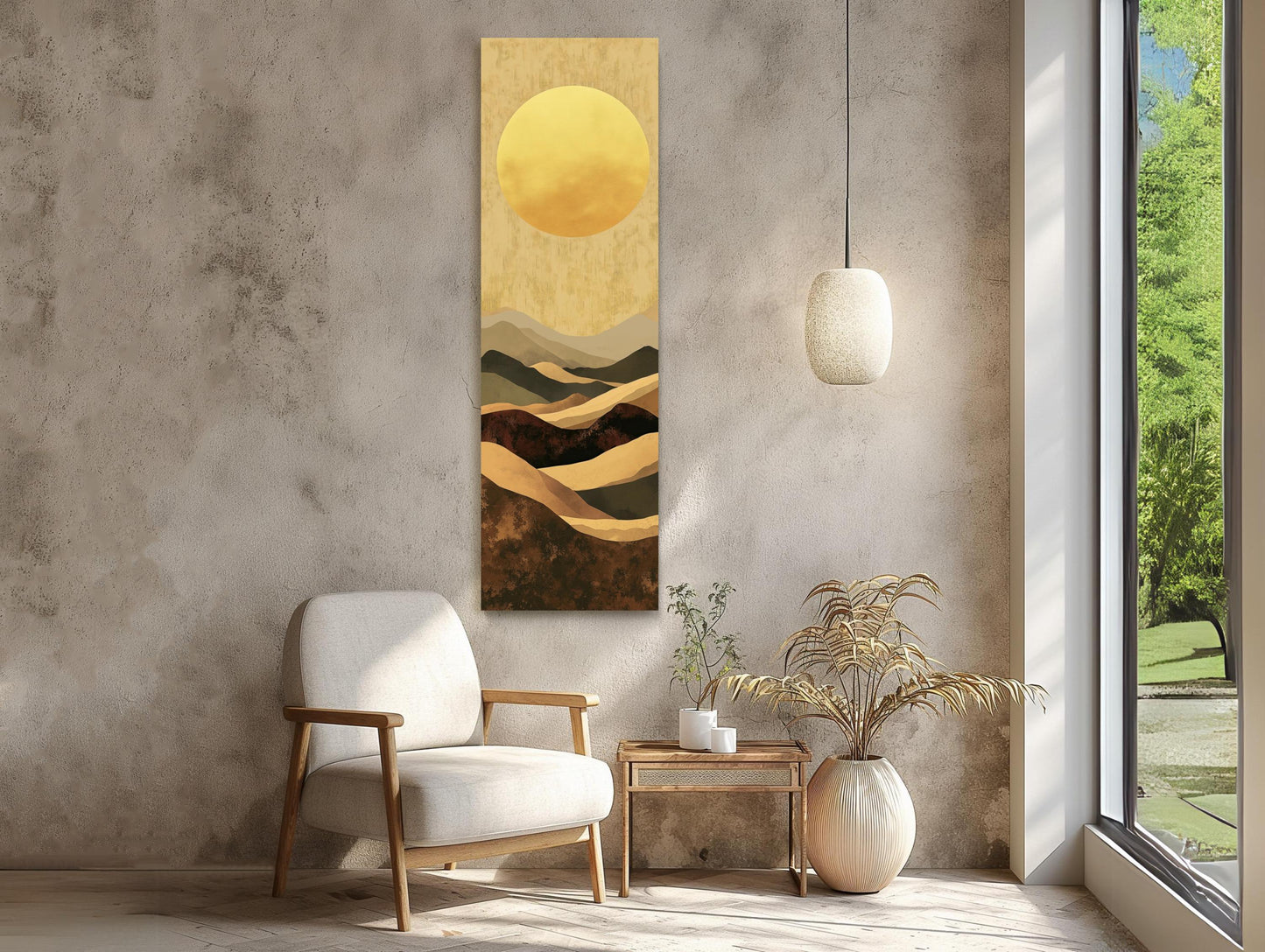 Boho Minimalist Mountain Landscape Canvas Art, Earth and Sand Tones Long Vertical Wall Decor, Framed Bohemian Art for Living Room, Bedroom Wall Art – Canvas Print