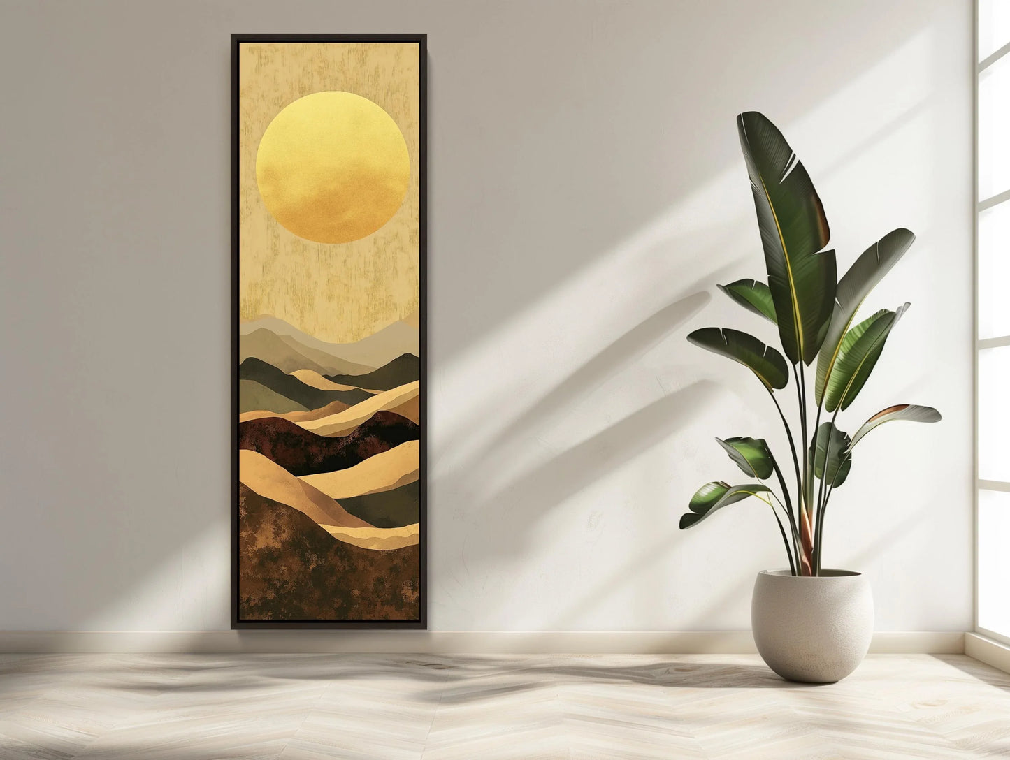 Boho Minimalist Mountain Landscape Canvas Art, Earth and Sand Tones Long Vertical Wall Decor, Framed Bohemian Art for Living Room, Bedroom Wall Art – Canvas Print